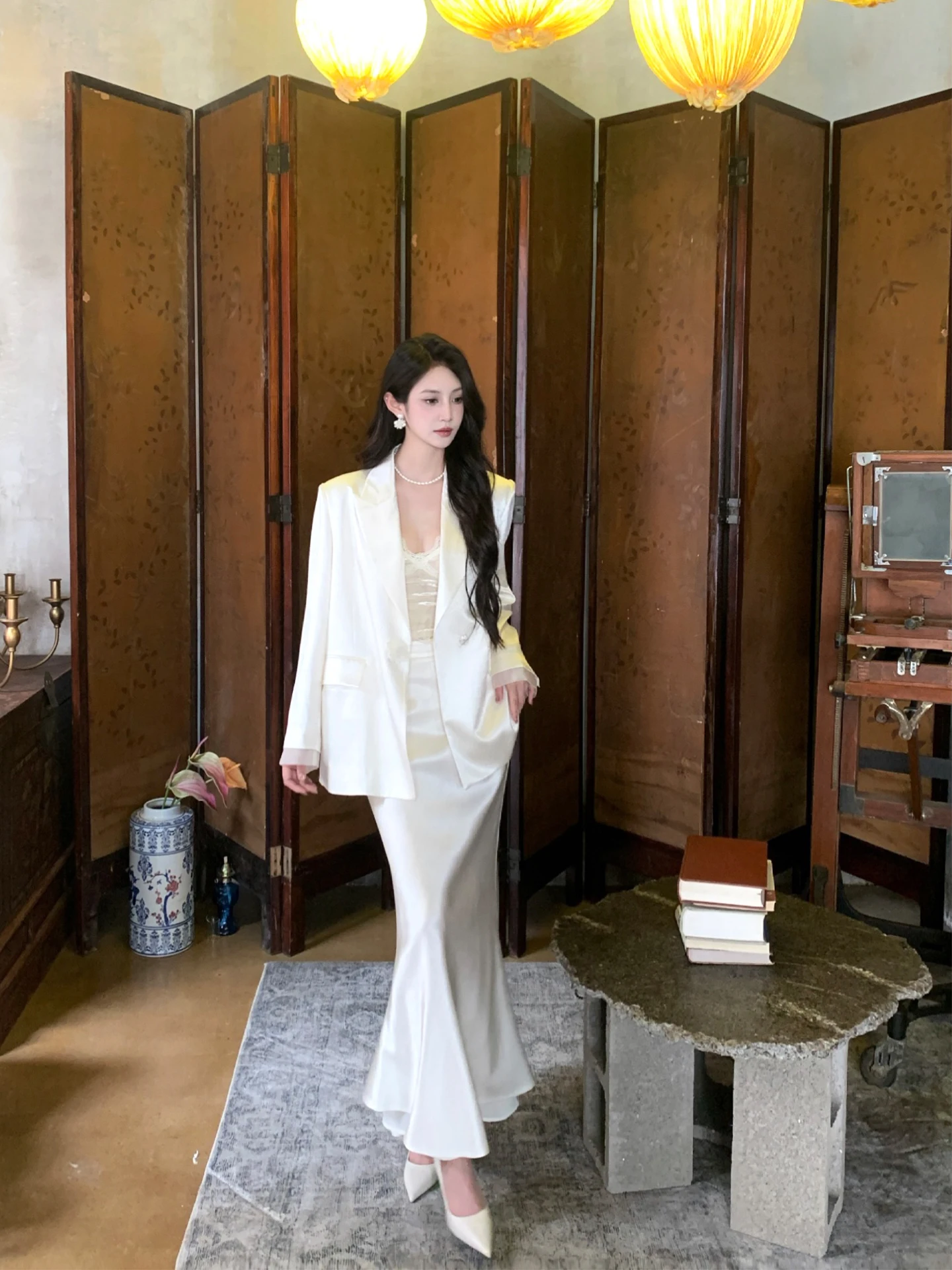 

Ele Acetate Satin Women's Suit Jaet Trendy Design Commute Sle Long Sve Single Button Closure Pure Color Outerwear