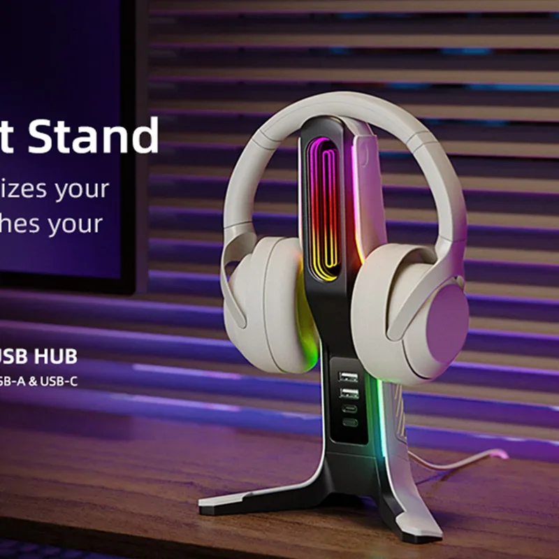 RGB Gaming Headphone Stand Lighting Effects Headphone Stand Holder Rack USB Port Tybe-c Port Desktop Headset Bracket