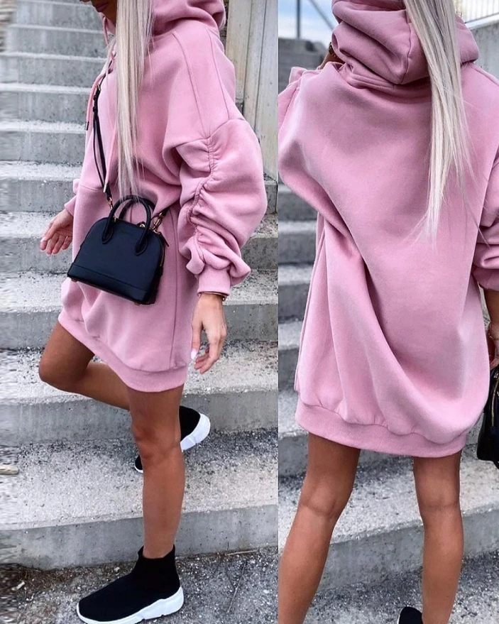 

Women's Dress 2024 Winter New Casual Daily Solid Ruched Design Long Sleeve Hooded Loose Fit Straight Mini Sweatshirt Dess