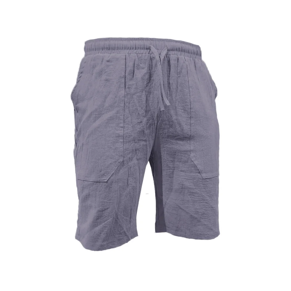 2024 Men summer cotton linen shorts draw rope elastic waist straight leg solid color breathable beach five casual medium pants