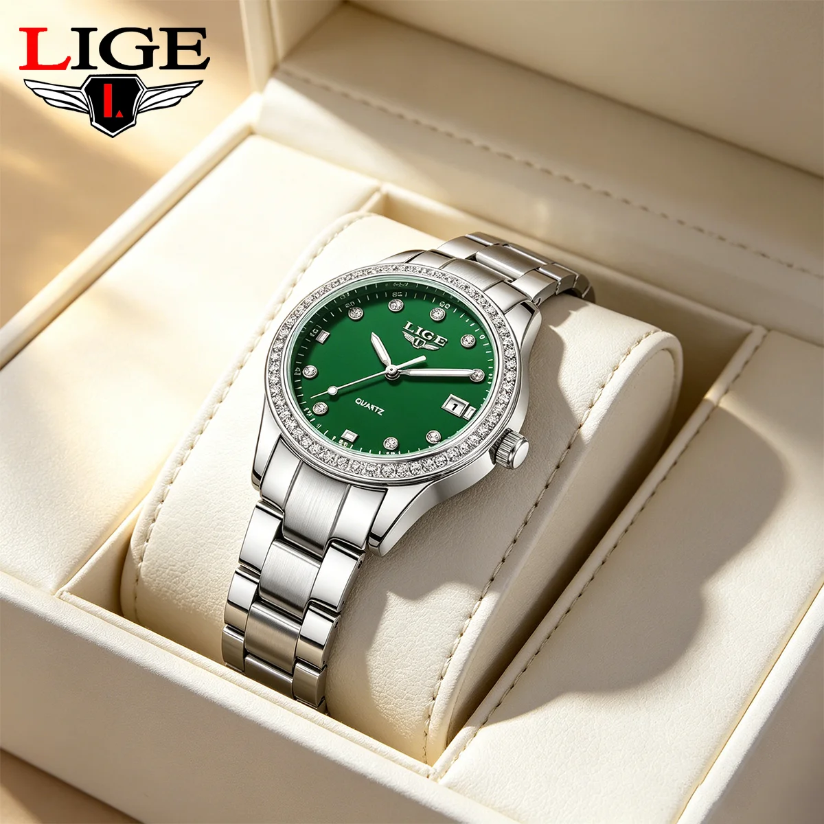 LIGE Green Ladies Watches Luxury Stainless Steel Date Waterproof Women Watches Fashion Elegant Luminous Quartz Wristwatch Gifts
