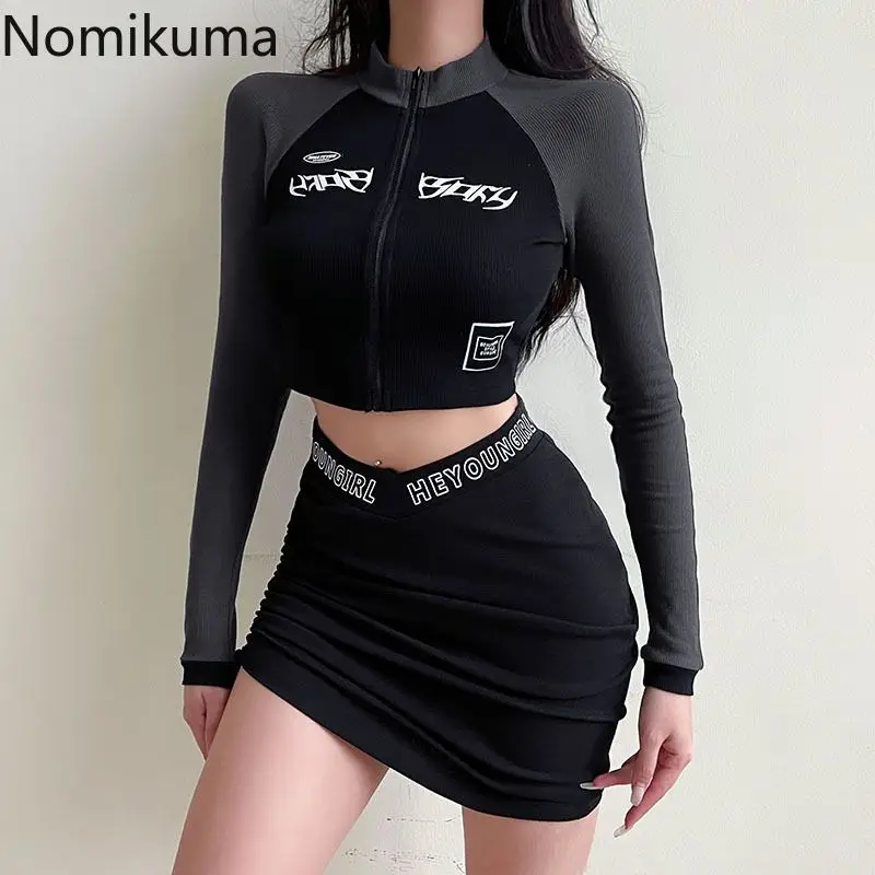 2024 Ropa Mujer Woman T Shirts Contrast Color Letter Tees Zipper Stand Neck Long Sleeve Tunic Camisetas Y2k Tops Crop T-shirts