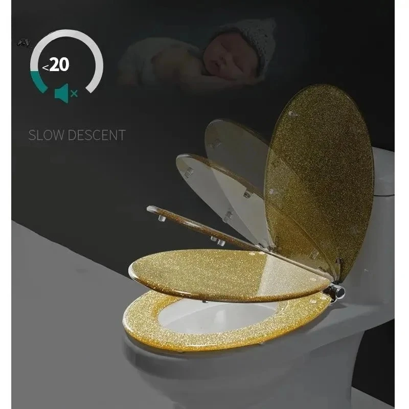 Universal U/V/O Shape Golden Twinkling Resin Toilet Seat Cover Soft Close Stainless Steel Hinge High Grade Decorative Toilet Lid