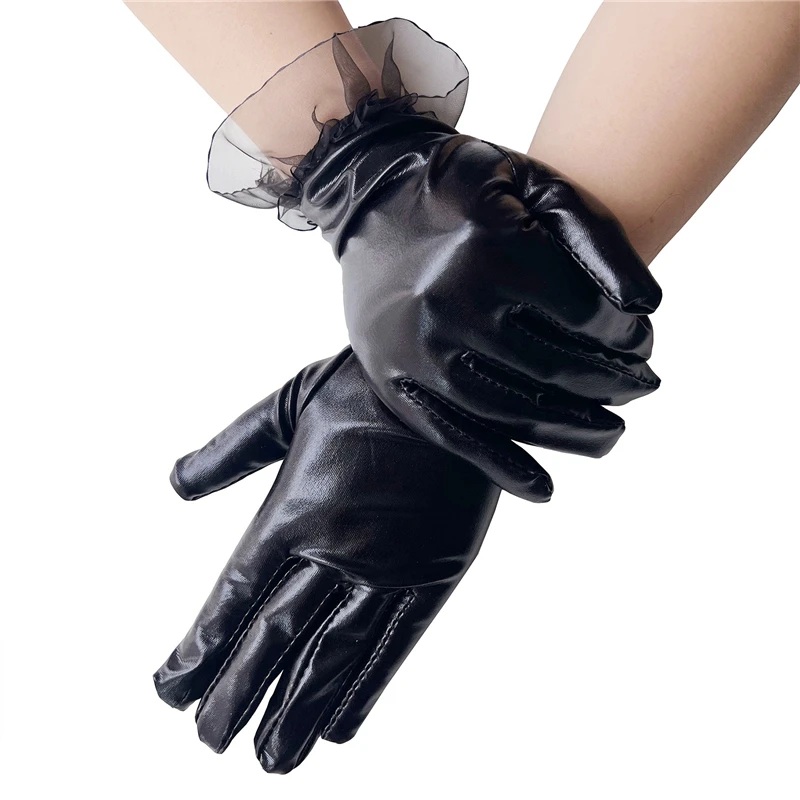 Fashion Sexy Lace Short Gloves Women Patent Leather Gloves Gothic Ruffled Full Finger Gloves Ladies Night Club Dance Mittens