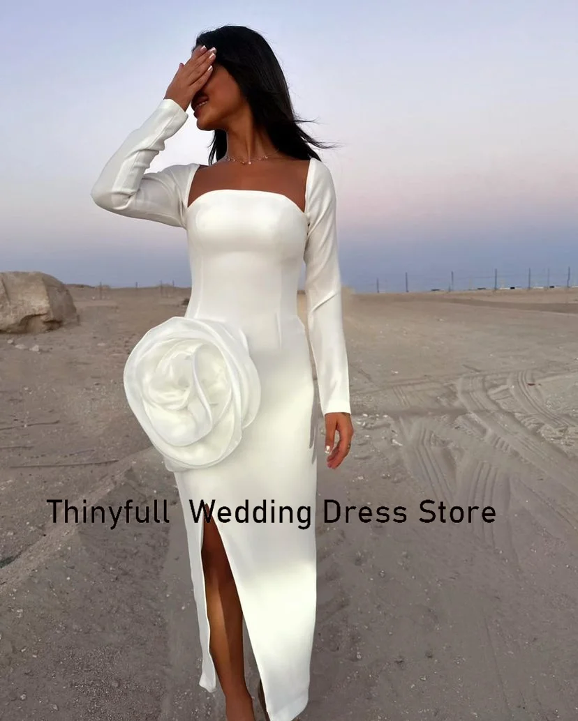 Thinyfull Arabia saudita bianco 3D Flower Prom Dress maniche lunghe abiti da sera in raso abito da cerimonia formale Robe De Soirée