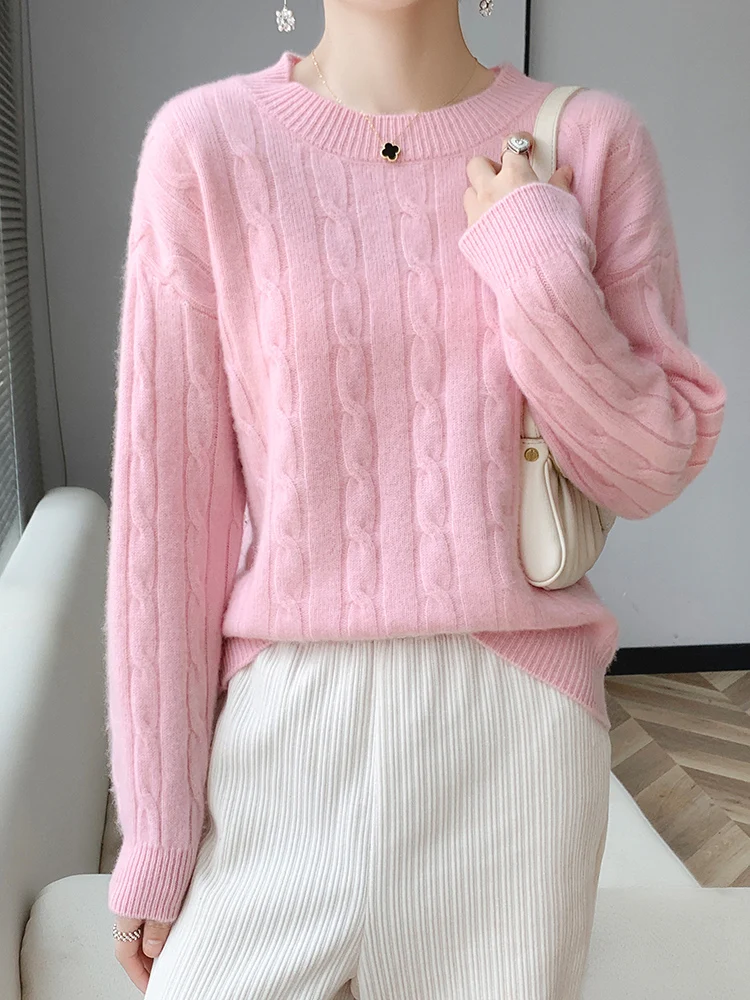 High-end Women Sweater Autumn Winter 100% Merino Wool O-Neck Long Sleeve Shoulder drop Pullover Loose Knitwear Korean Fashion