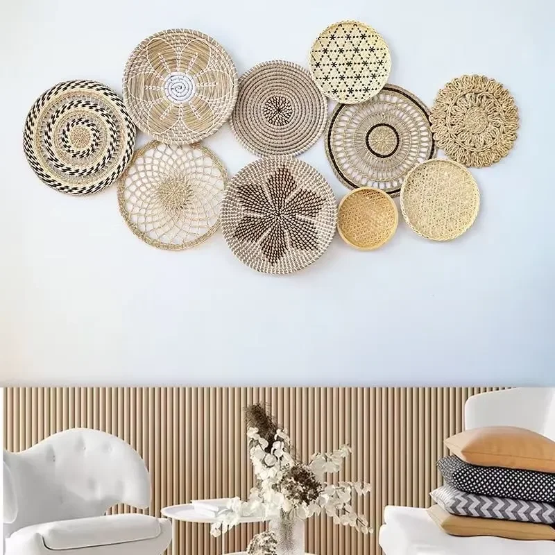 40x40x15cm Bohemian Wall Decor Hand Woven Straw Pendant Living Room Background Decoration Homestay Hanging Art Piece Natural