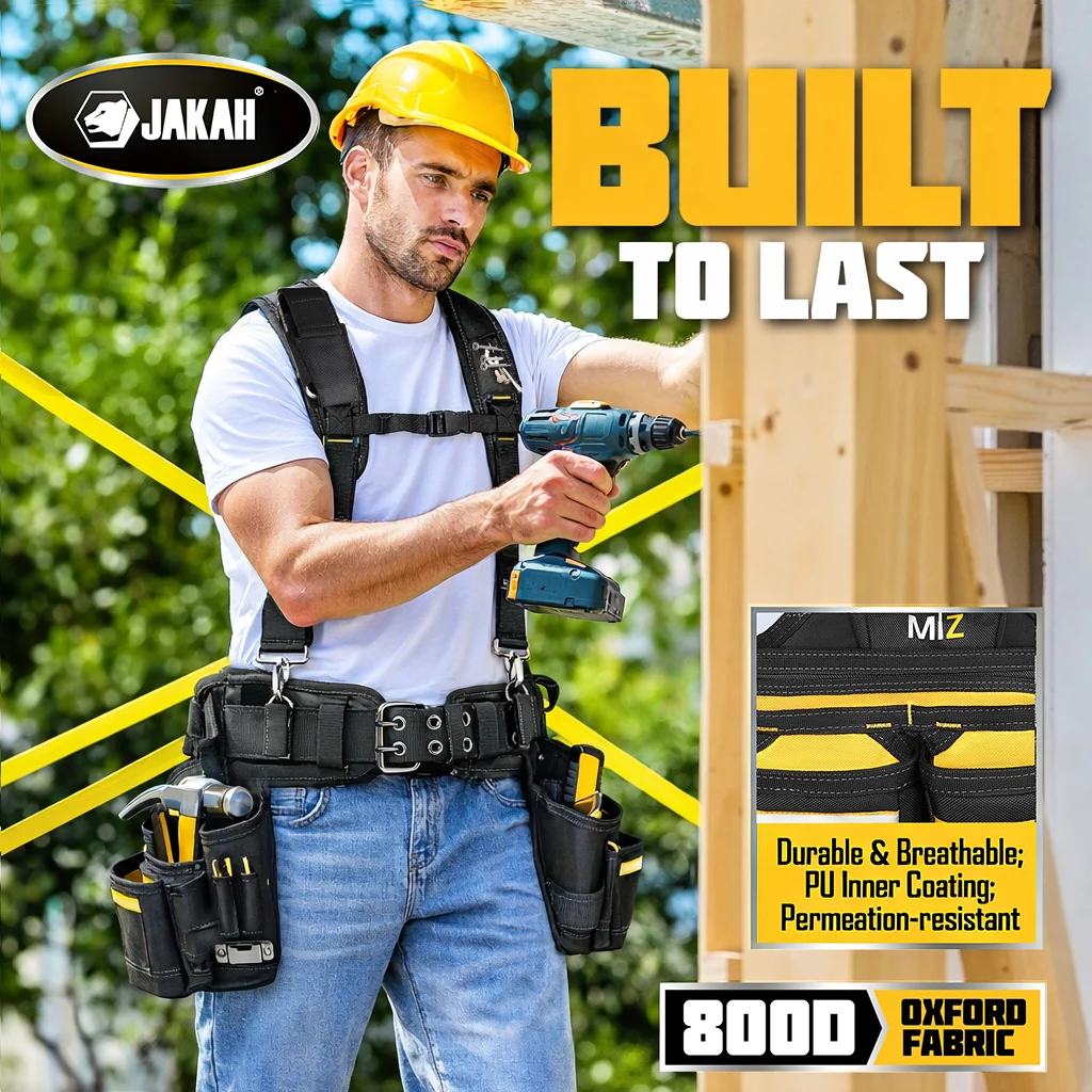 Jakah Tool Belt for Men, 32 to 66 Inches Adjustable Tool Belt with Suspenders for Electricians, Carpenters, Construction Workers