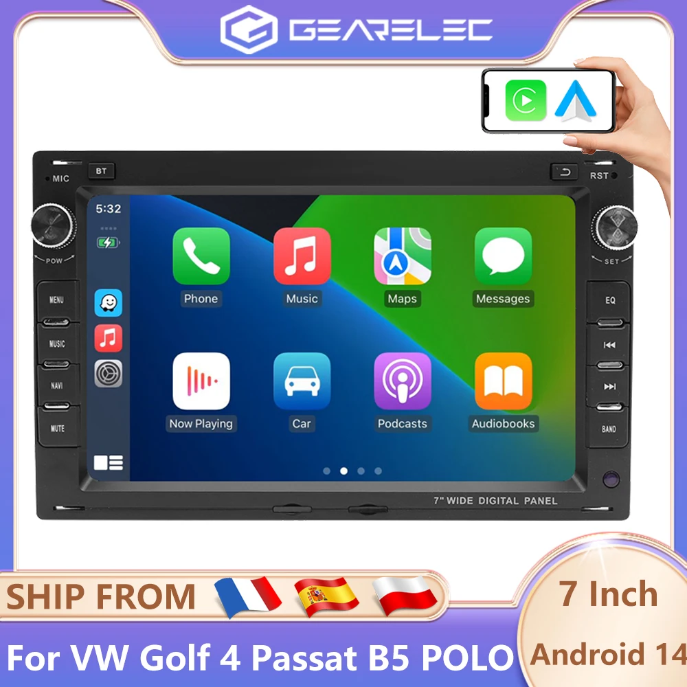 GEARELEC 7 Zoll Autoradio Carplay für Volkswagen VW Passat B5 MK4 MK5 Golf 4 Polo Bora T5 2 Din Android 14 Auto-Multimedia-Player WiFi Bluetooth GPS