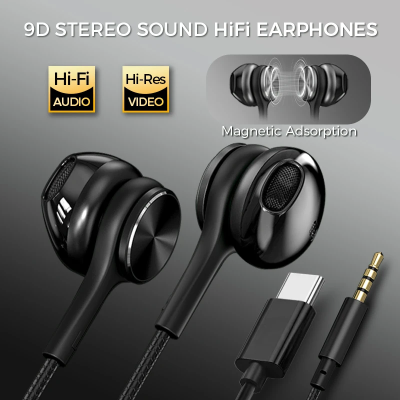 

Wired Earphones Type C HiFi Stereo Sound Headphones 3.5mm Heavy Bass In-Ear Music Headset For iPhone 16 Pro Max Samsung Earbuds