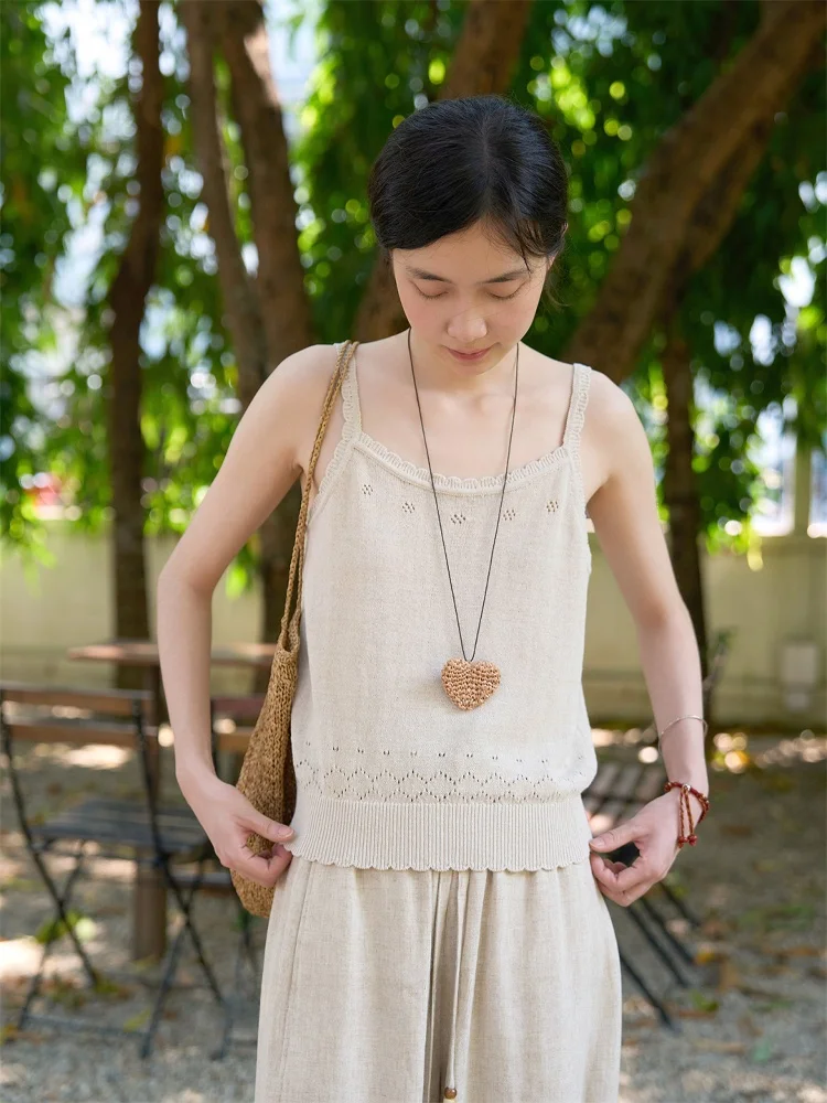 

Ss Sense Knitted Lace Trim Tank Top Versatile Light ey Simple Sli Cotton Linen Blend Women's Innerwear ort Sle