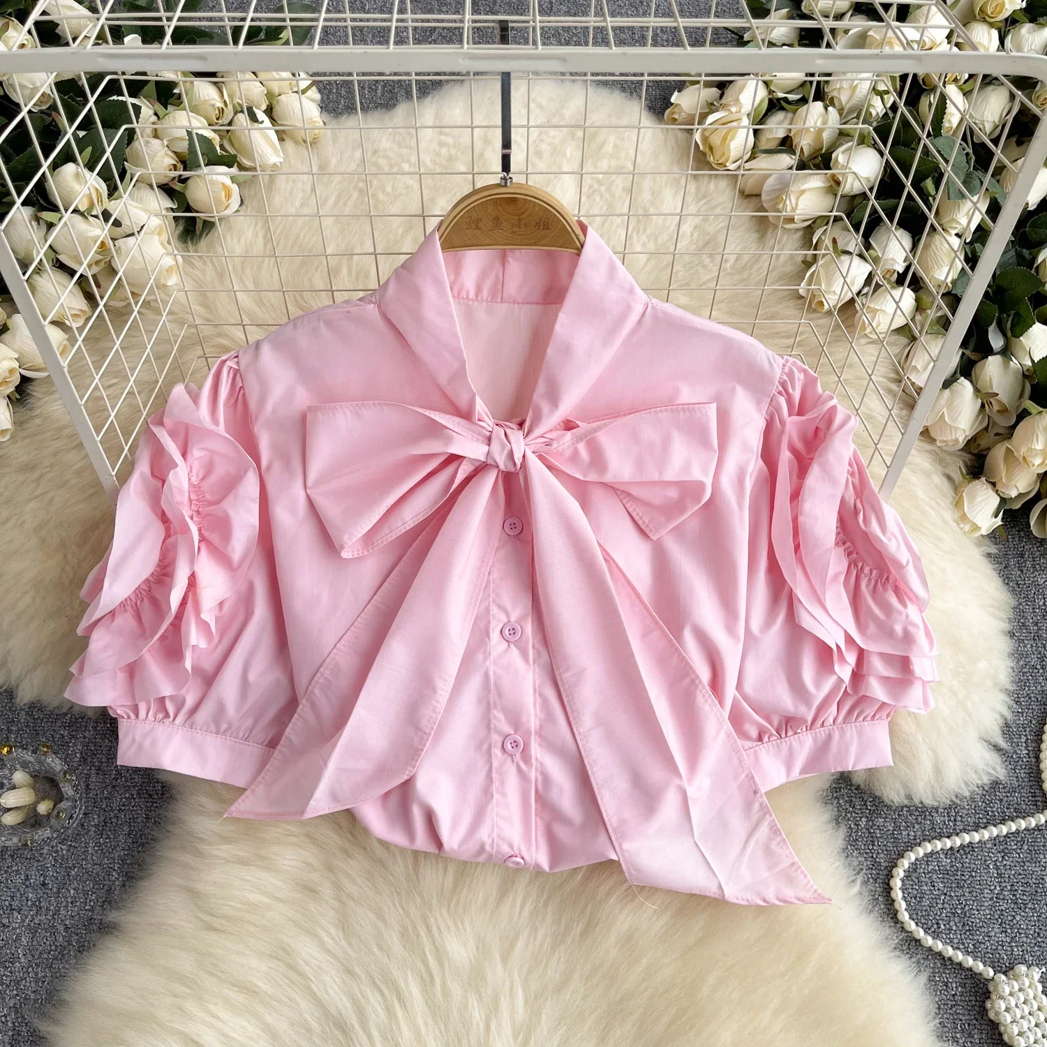 2024 France Chic Women Blouse Bow Collar 3D Flower Short Puff Sleeve Single Breasted Summer Streetwear Gentle OL Loose Tops