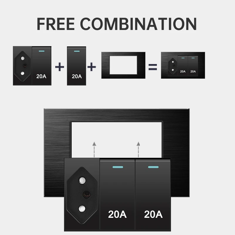 Brazilië Standaard Home Wandlamp Schakelaar Dc 5V 2. 1a Usb Type C Oplader 20a Brazilië Aluminium Geborsteld Paneel Computer Socket 118Mm