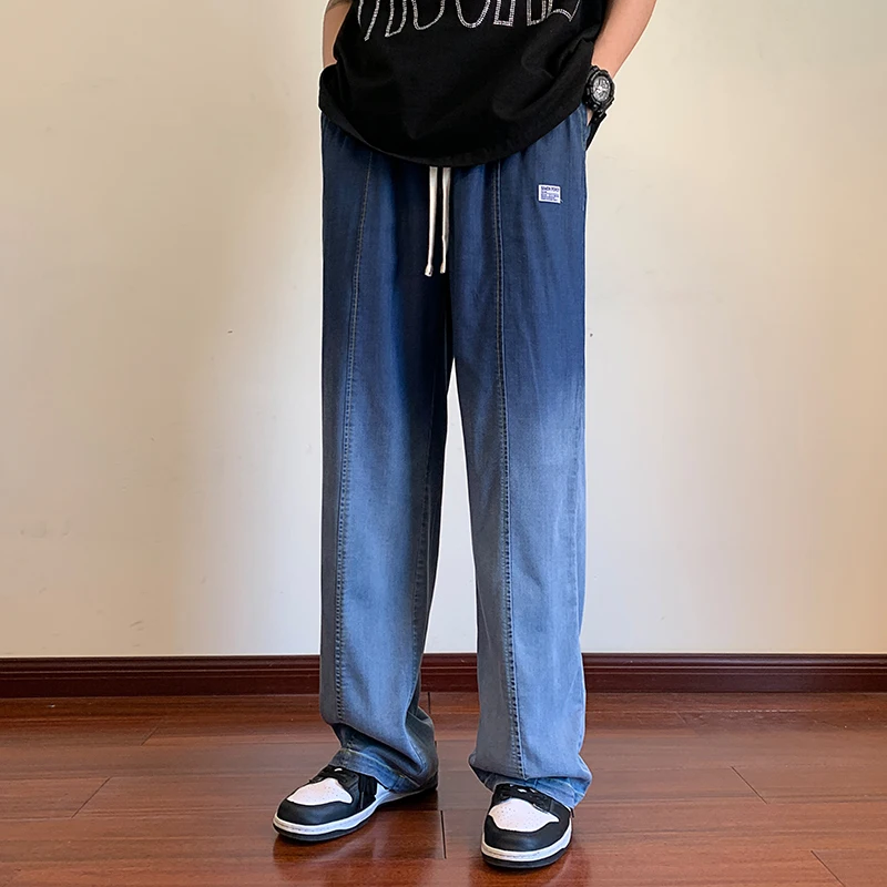 

Мужские джинсы в стиле ретро, летние тонкие брюки из ледяного шелка, прямые штаны в стиле хип-хоп для уличной моды