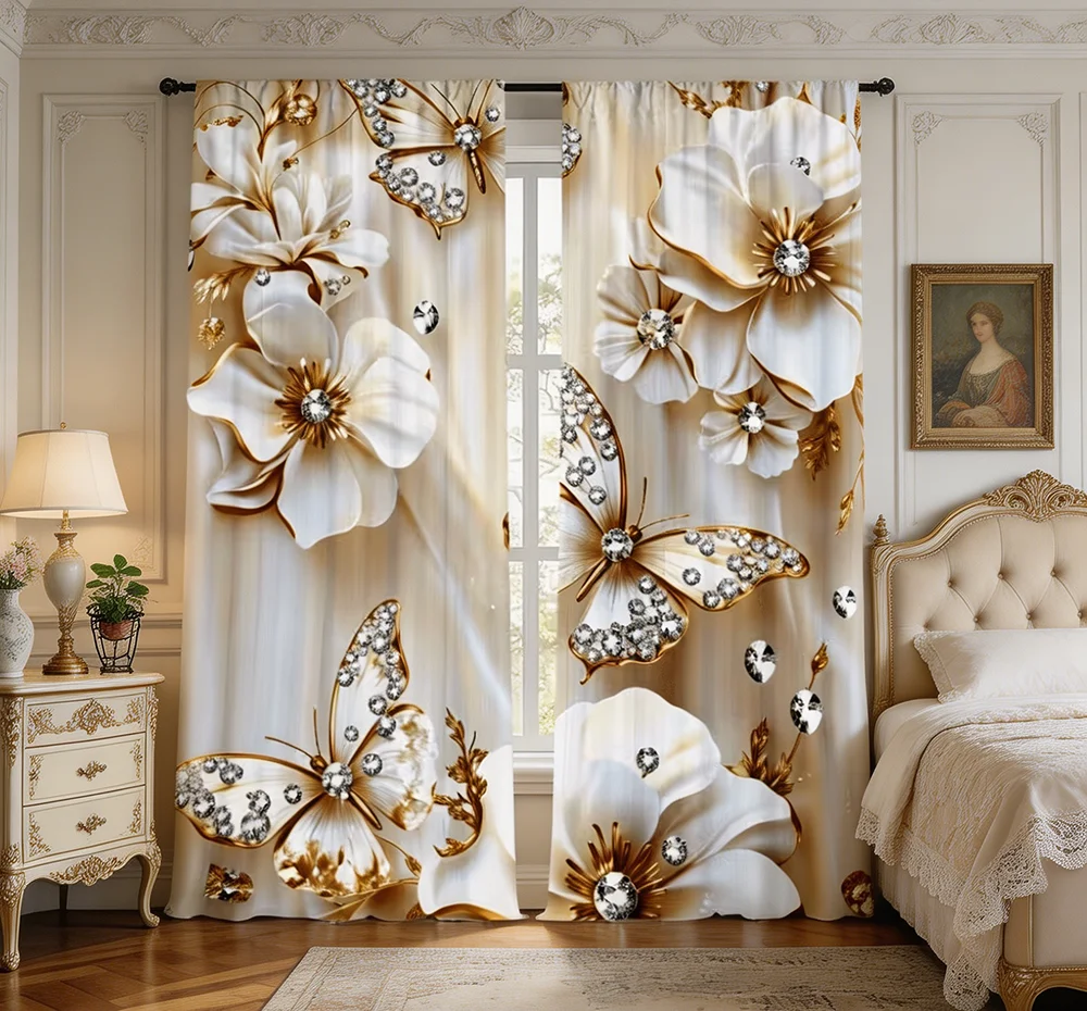 2PCS Digital Printed Curtains, Gold White Butterfly Flower Xmas Gift, Rod Pocket Window Drapes for Living Room Bedroom Decor