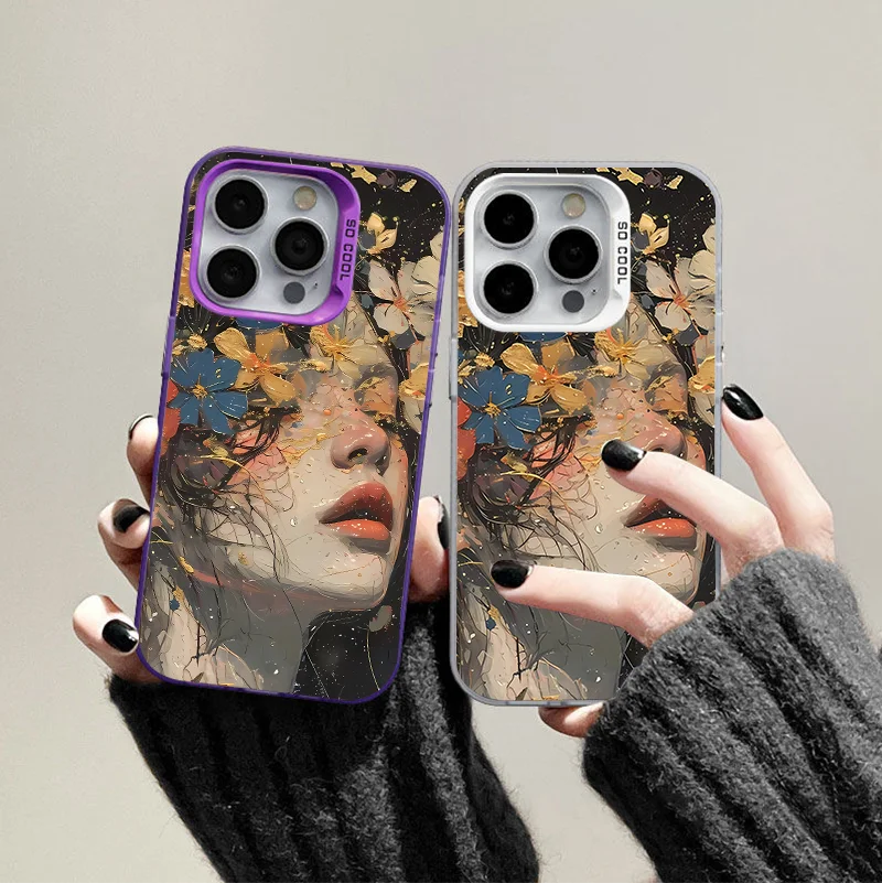 Oil Painting Prosperous Girl For iPhone 15 Pro Case iPhone 11 13 12 14 Pro XR XS 7 8 2020 laser Colorful Silver Cover Phone Case