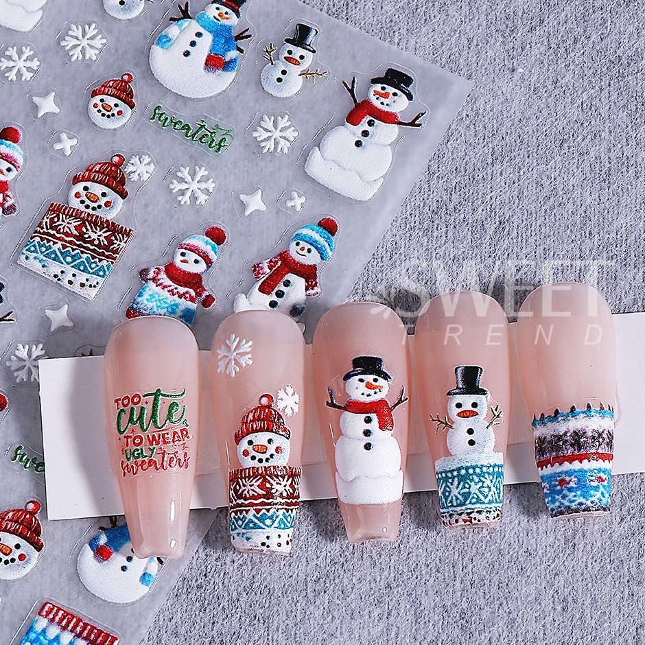 2/4 pezzi in rilievo Natale Babbo Natale adesivi per unghie carino pupazzo di neve maglione alce orso agrifoglio decalcomanie per unghie vacanza manicure decorazione