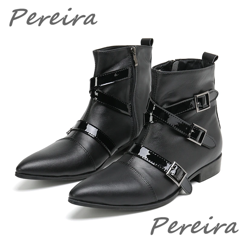 Wine Red Belt Buckle Ankle Boots British Style Genuine Leather Pointed Toe Side Zipper Chelsea Boots Men's Business Dress Shoes