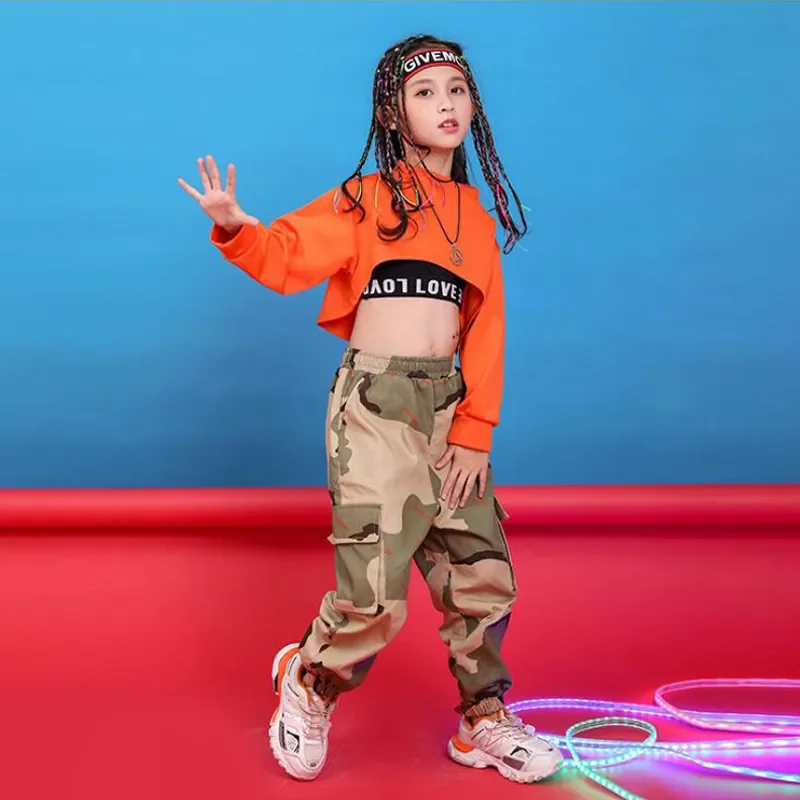 Dance Costume Wear Ballroom Dancing Clothes Children Hip Hop Clothing Sweatshirt Top Crop Running Casual Pants for Girl Kid Jazz