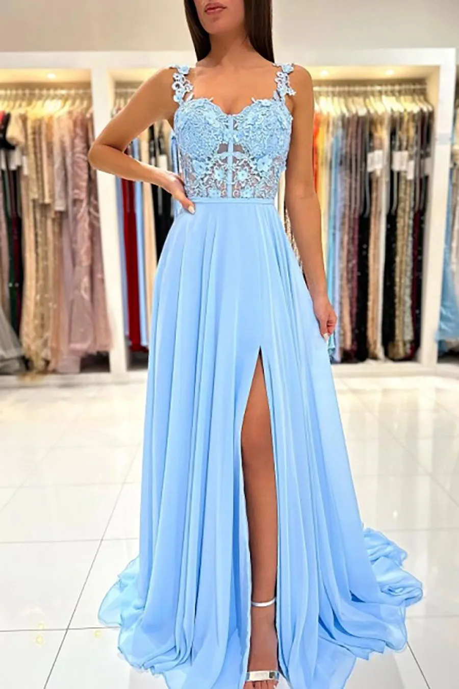 BLUE DRESS Store Blue Chiffon Lace Print Open Back Split A-Line One Line Neck Floor Mop Evening Dress Prom Dress