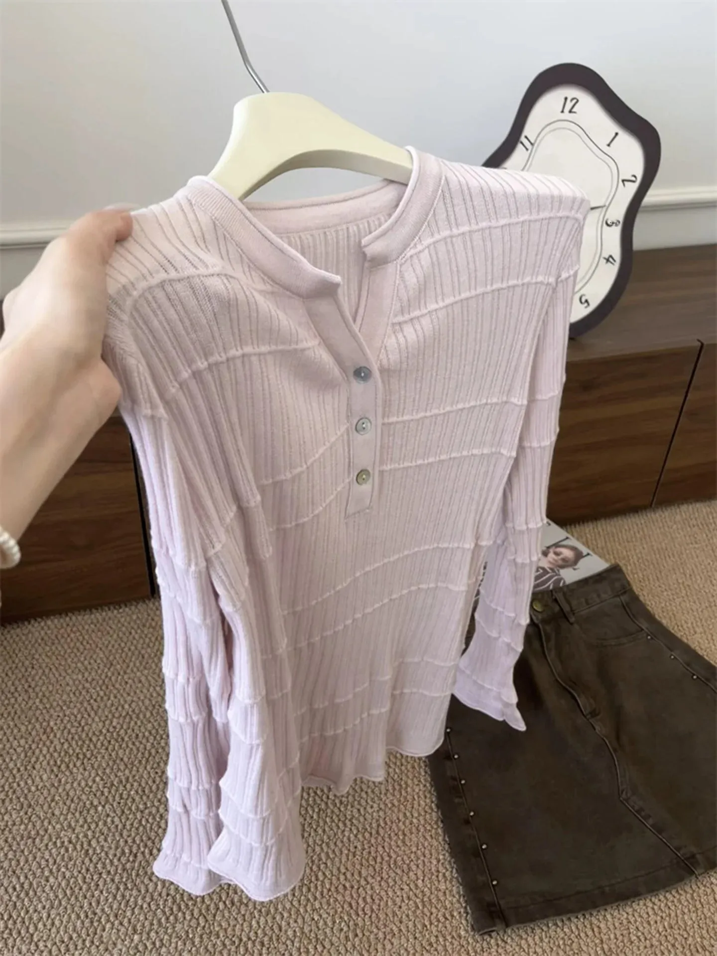 Elegant Purple Gradient Knitwear Long Sleeve Half Unbuttoned Collar Slim Fit Korean Style Soft Polyester Fiber Autumn Top
