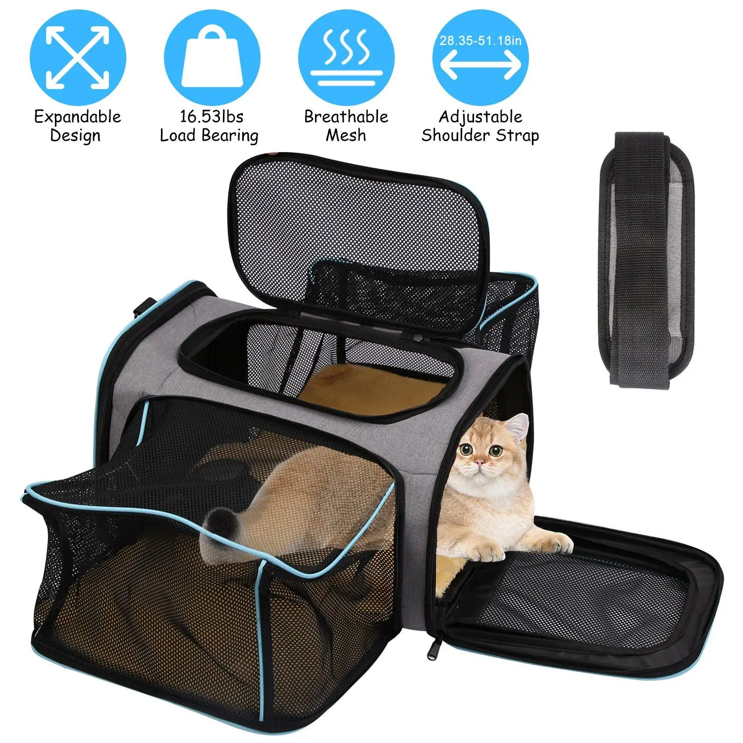 

Expandable pet carrier Foldable soft cat carrier with removable fleece padded pocket Breathable mesh adjustable shoulder straps