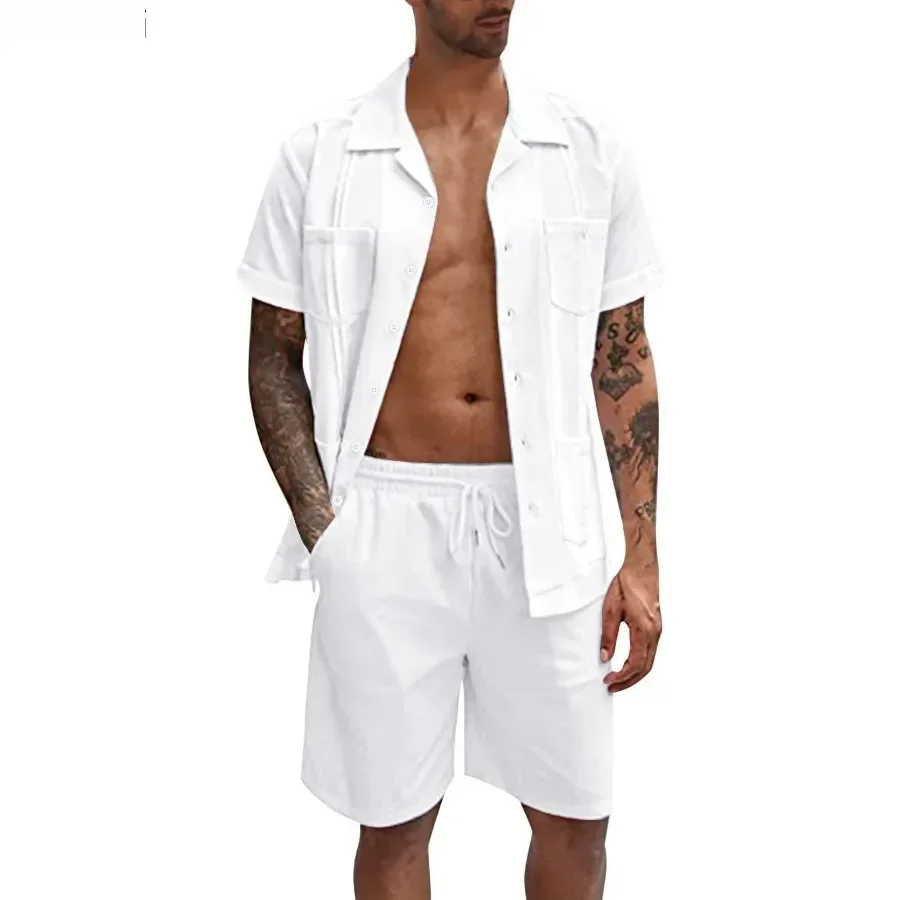 New Men's Summer Casual Sport 2 Piece Sets Fashion Cotton Linen Short Sleeve Shirt and Shorts Suit Men Loose Sport Shirt Outfits