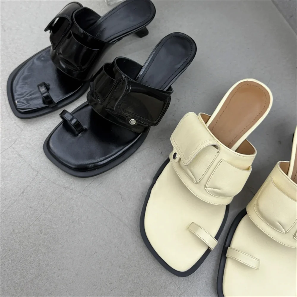 Women Square Toe Kitten Heel Mules Sandals Pocket Decor Slides Summer Outdoor Flip Flops Fashion Thin Heel Open Toe Slippers