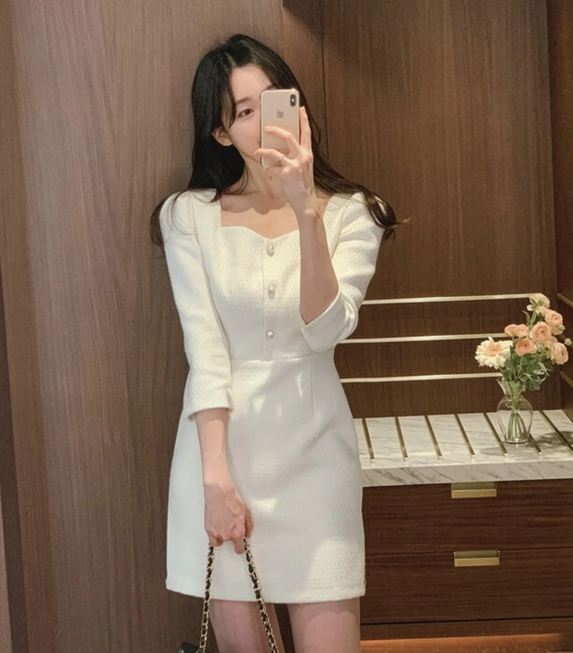 Square Neck Tweed Puff Sleeve Mini Dress Elegant Party White Bodycon Black Pink Korean Club Vestido Curto Chic Botton Fall 2024