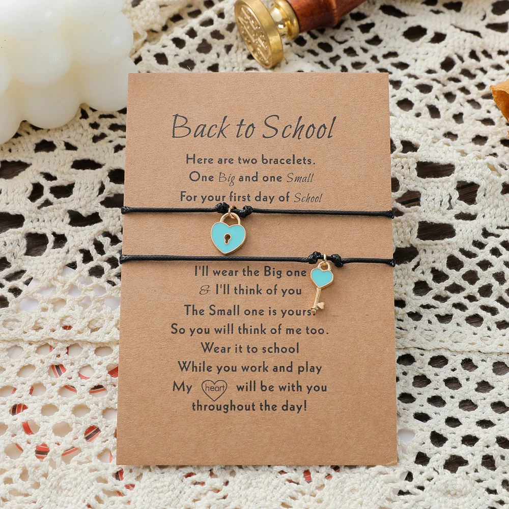 Fashion New School Season Card Bracelets Oil Dropping Alloy Love Lock Keys Parent-child Weaving Bracelets Jewelry Gift Wholesale