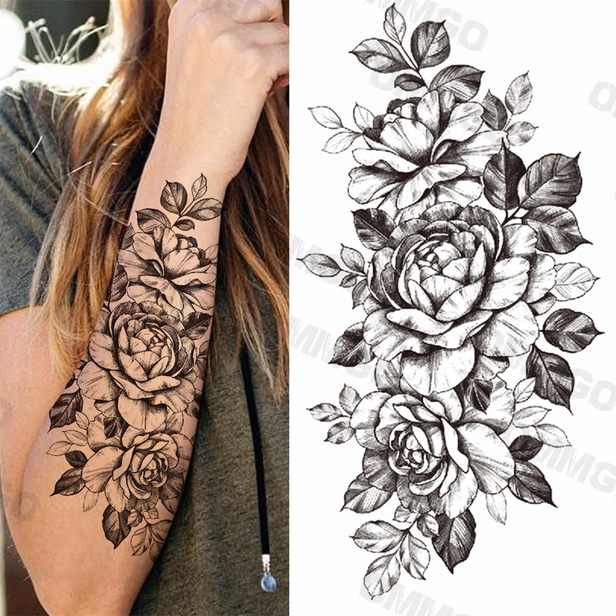 Tatuaggi temporanei posteriori Sexy del serpente del fiore della rosa nera per le donne ragazza adulta peonia loto tatuaggio finto braccio polpaccio decalcomania impermeabile del tatuaggio