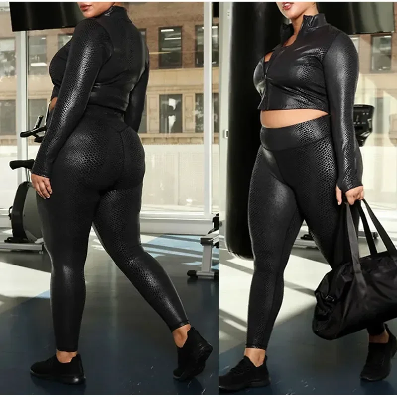 Plus Size Punk Faux Pu Leather 3 Pieces Set 5XL Zipper Jacket Vest Stretchy Skinny Pant Tracksuits Sexy Black Serpentine Outfits