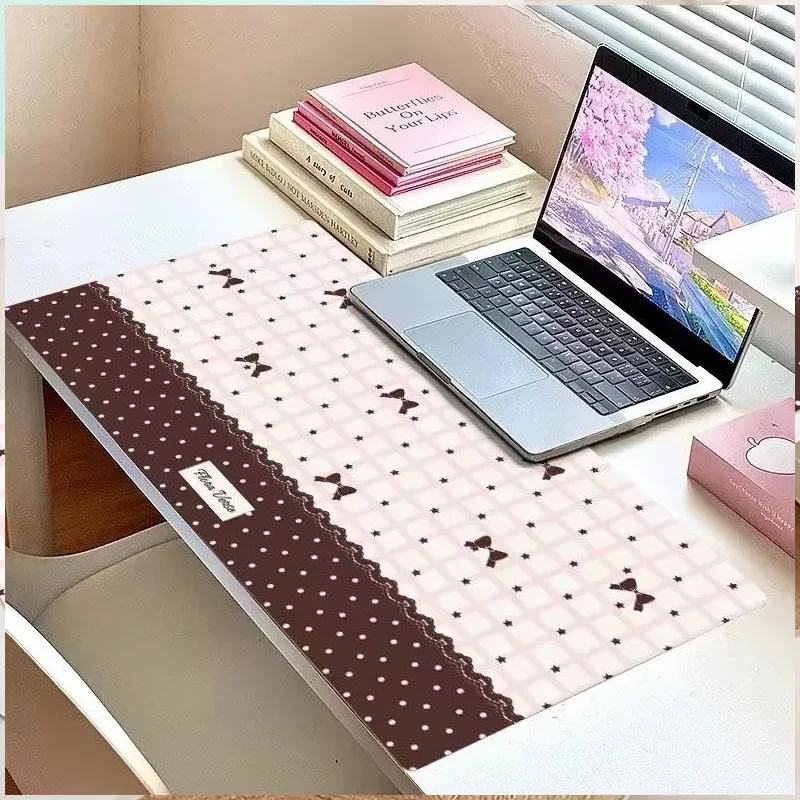 Retro Brown Polka Dot Bow With Pink And White Checkered Pattern XXL Leather Mouse Pad E-sports Game Keyboard Student Dormitory