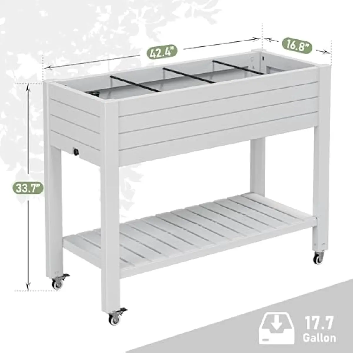 Tall 33.7 inch resin raised planter with 360 degree lockable wheels, integrated water level indicator, under-bed storage shelf,