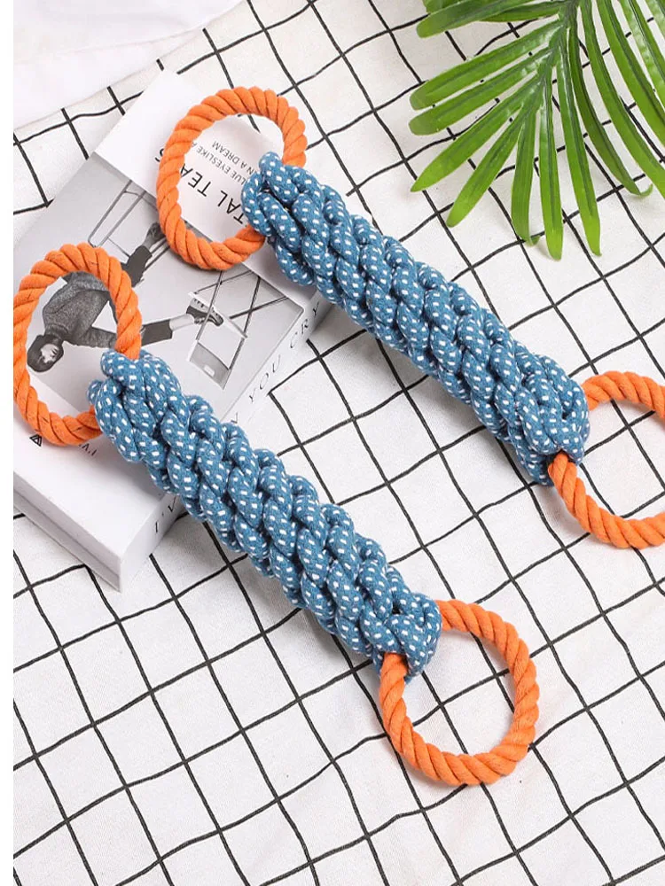 Pet dog toy Double-ring chewable cotton knot toy Tooth cleaning Durable braided bone rope Pet teething toy Pet supplies