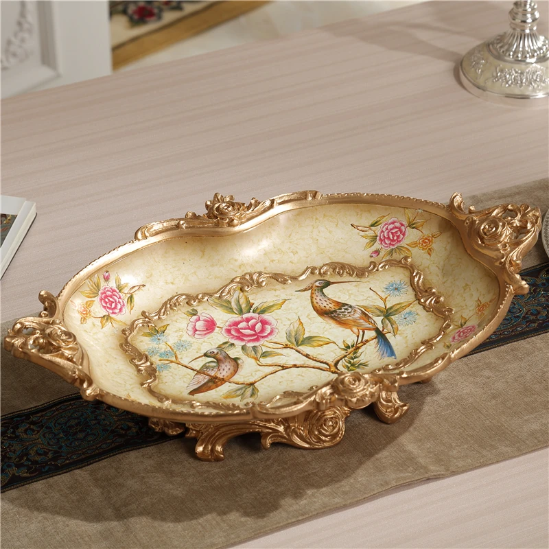 

European Vintage Resin Fruit Bowl Centerpiece, Elegant Coffee Table Decor, Retro Home Serving Tray for Living Room