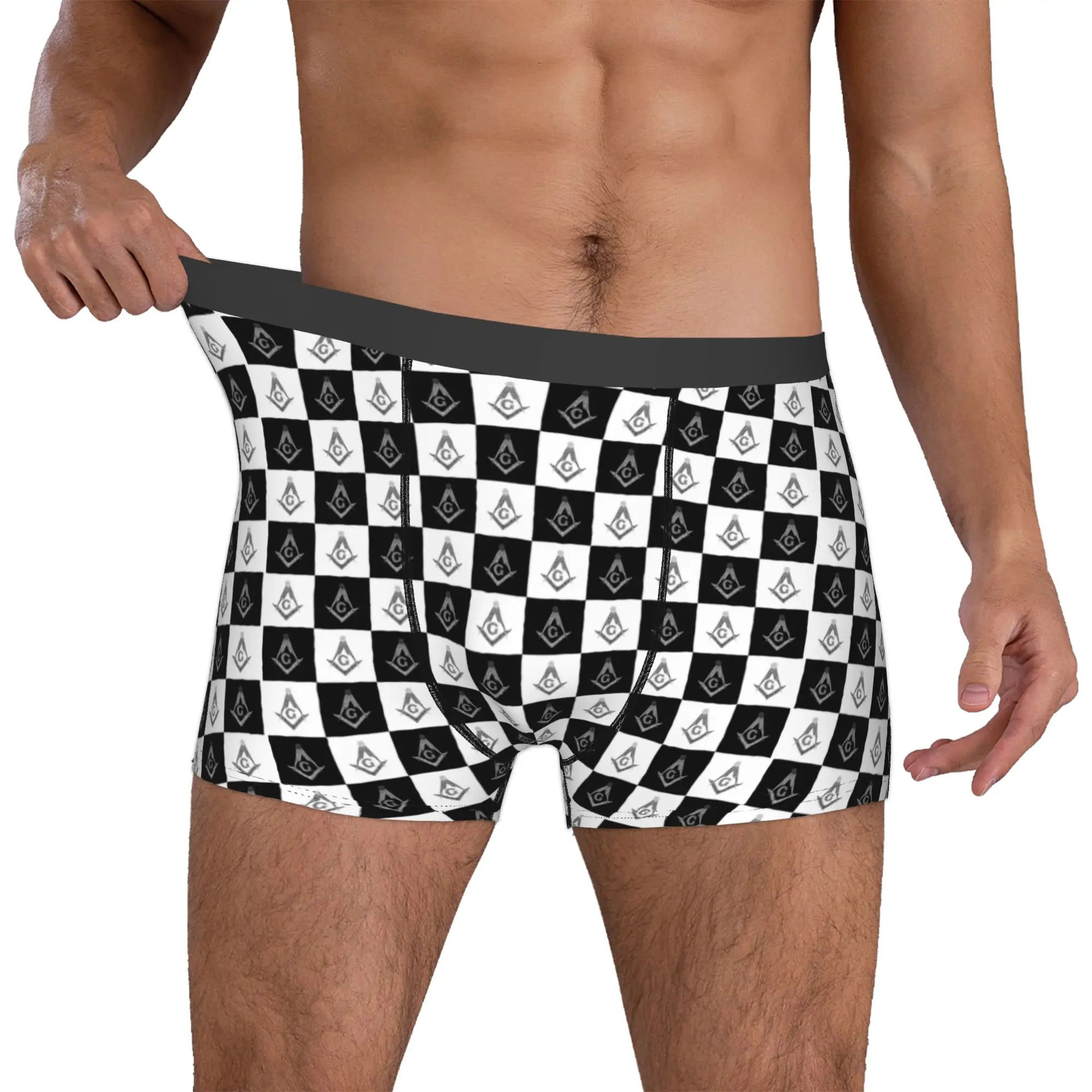 Male Cool Freemason Checkered Black And White Pattern Underwear Masonic Mason Boxer Briefs Soft Shorts Panties Underpants