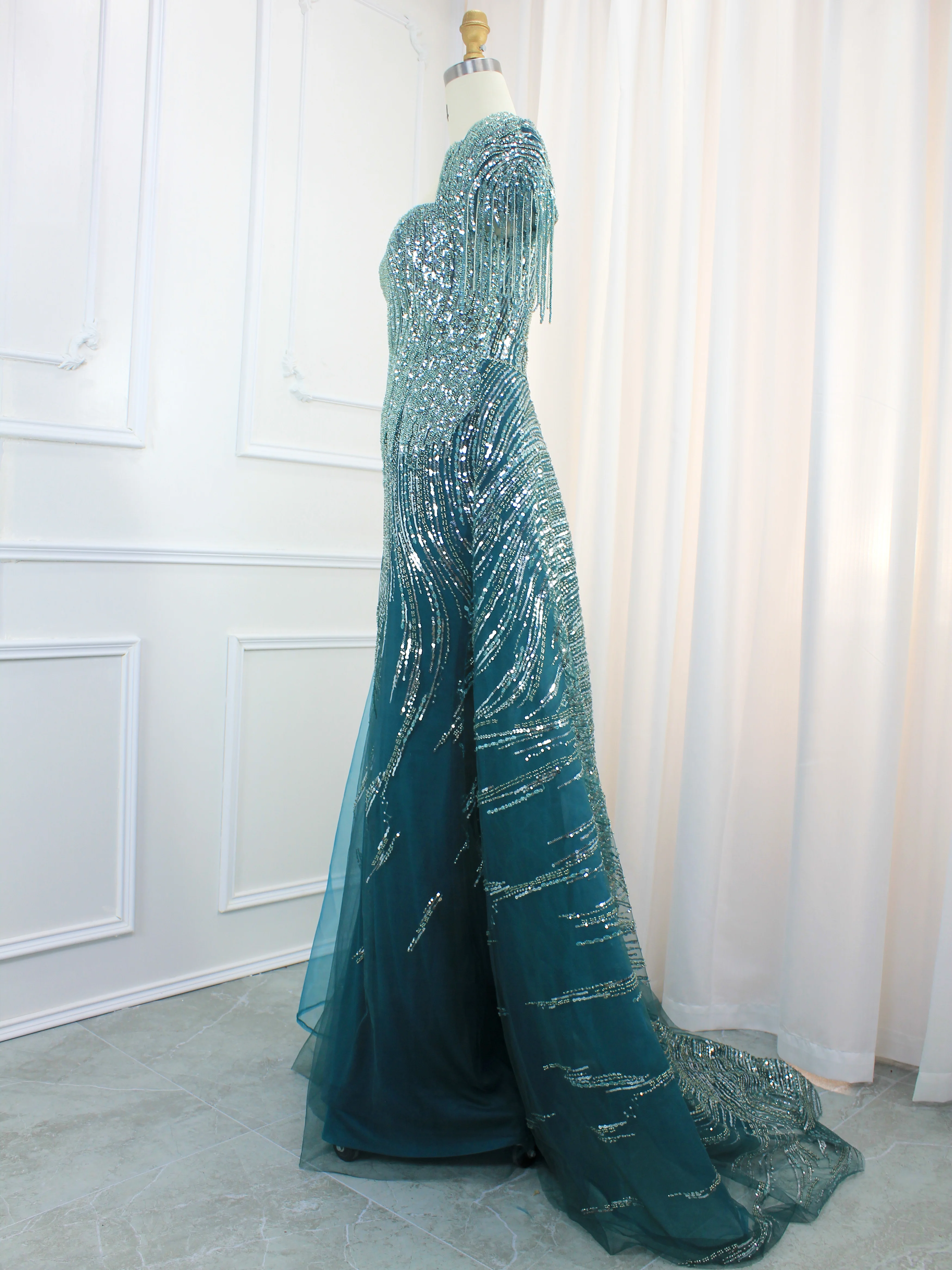 Hot Sale One Shoulder Turquoise A Line Beaded Dubai Evening Dresses With Cape Sleevesness Gowns For Women Wedding Party 2024