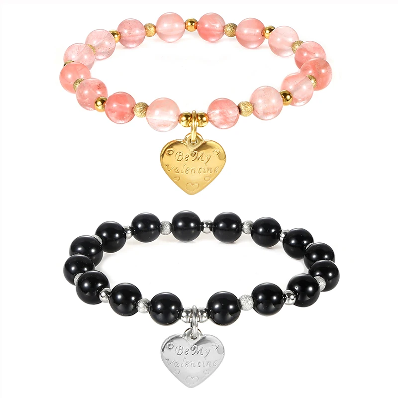 Metal Stainless Steel Sandball Waterproof Jewelry Lover Heart Shaped Letter Be My Valenline Agate Stone Beads Elastic Bracelets