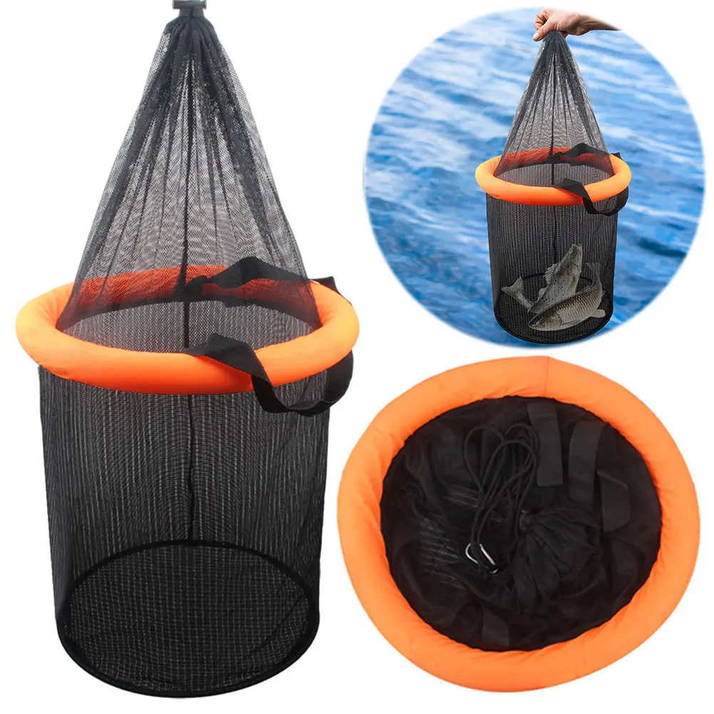 Floating Fishing Bait Basket Mesh Collapsible Fish Keeper Live Fish Net Cage Foldable Fishing Holder Bucket