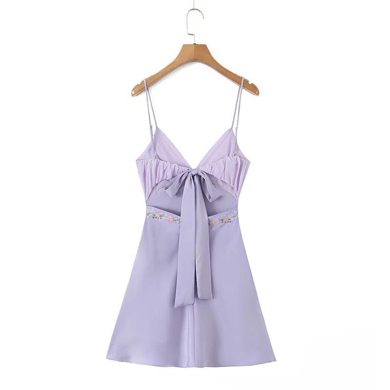 YENKYE 2023 Women Floral Embroidery Purple Sling Mini Dress Sexy Backless V Neck Female Summer Dress Holiday Robe LDZZ7038