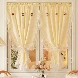 2 Pieces Cherry Design Ruffle Short Curtain Set, Kitchen Small Window Faux Linen Breathable Light Filtering Drapery Half Curtain