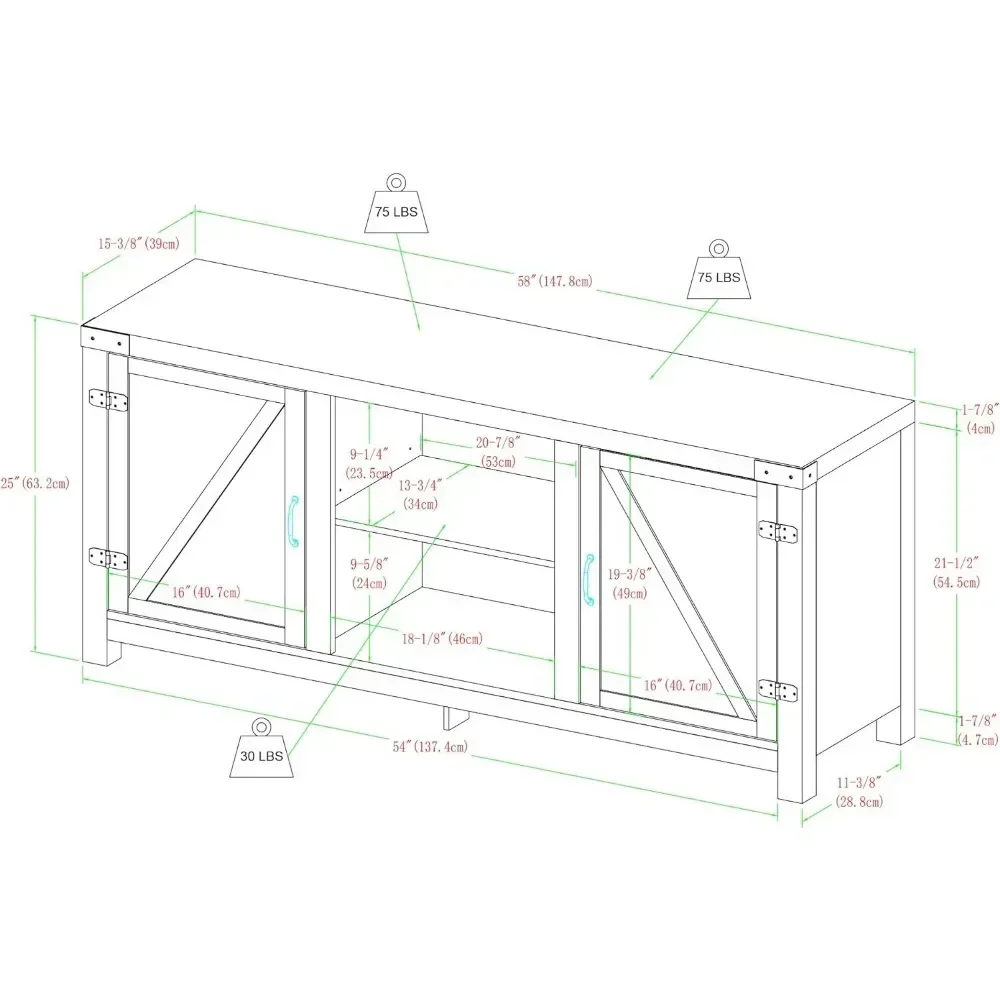 Suporte de TV moderno com porta dupla de celeiro para TVs de até 65 polegadas, 58 polegadas, cubículo de armazenamento aberto e 3 prateleiras ajustáveis, cinza