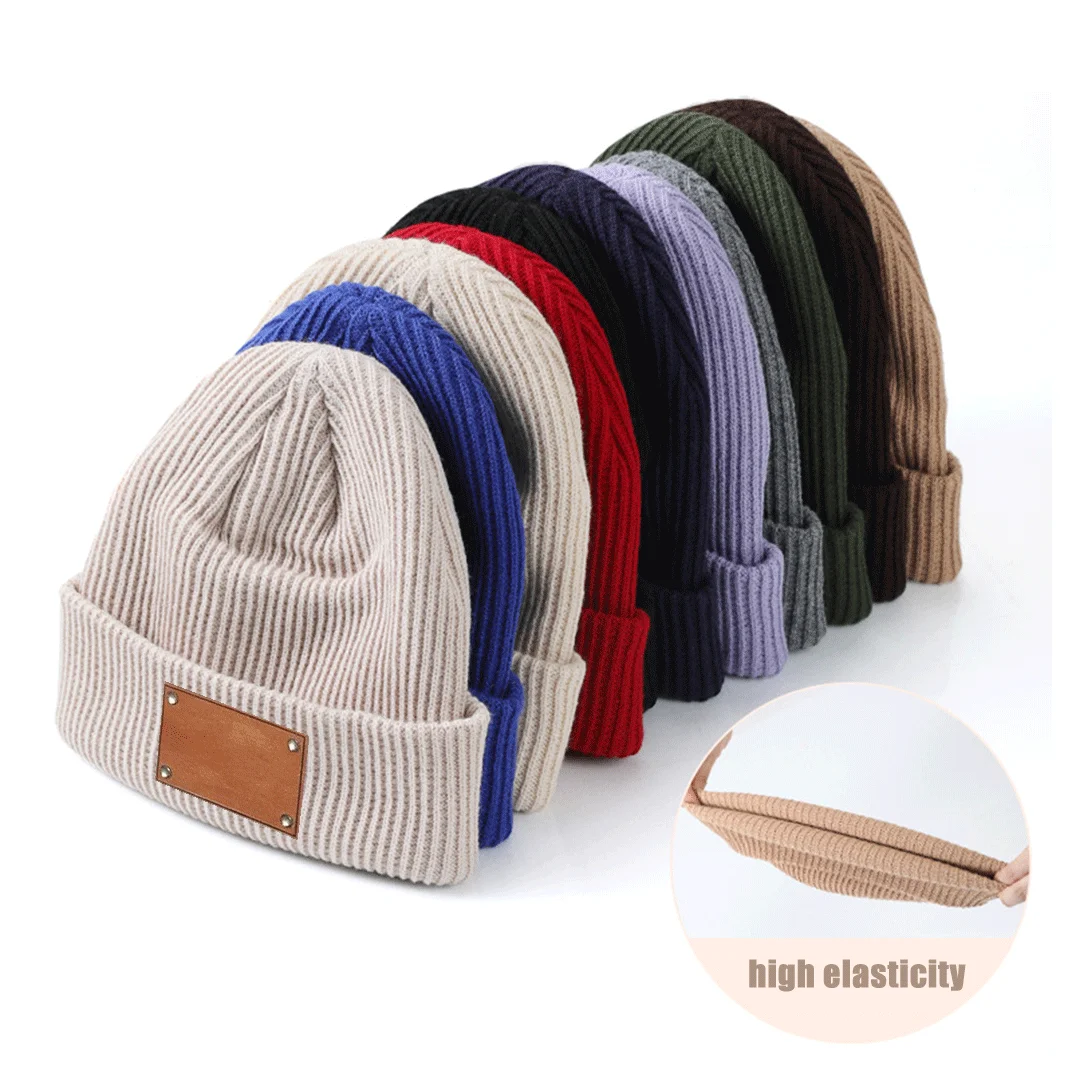 10 Pieces Striped Knitted Hat With Laser-engraved Leather Outdoor flap Multi-color Ski Pullover Cold Cap