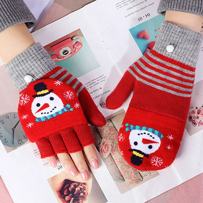 

Winter Flip Top Knitted Gloves Christmas Style Half Finger Fingerless Gloves Cartoon Elk Santa Claus Pattern Glove Outdoor Warm