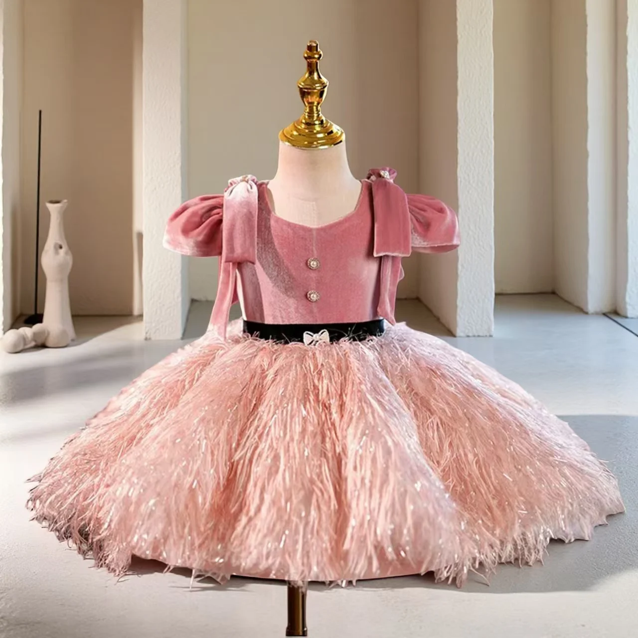 

Jill Wish J419 Elegant [Pink Flower Girl Dress with Feathers Princess Toddler Kids Wedding 1st Birthday Pageant Party Gown