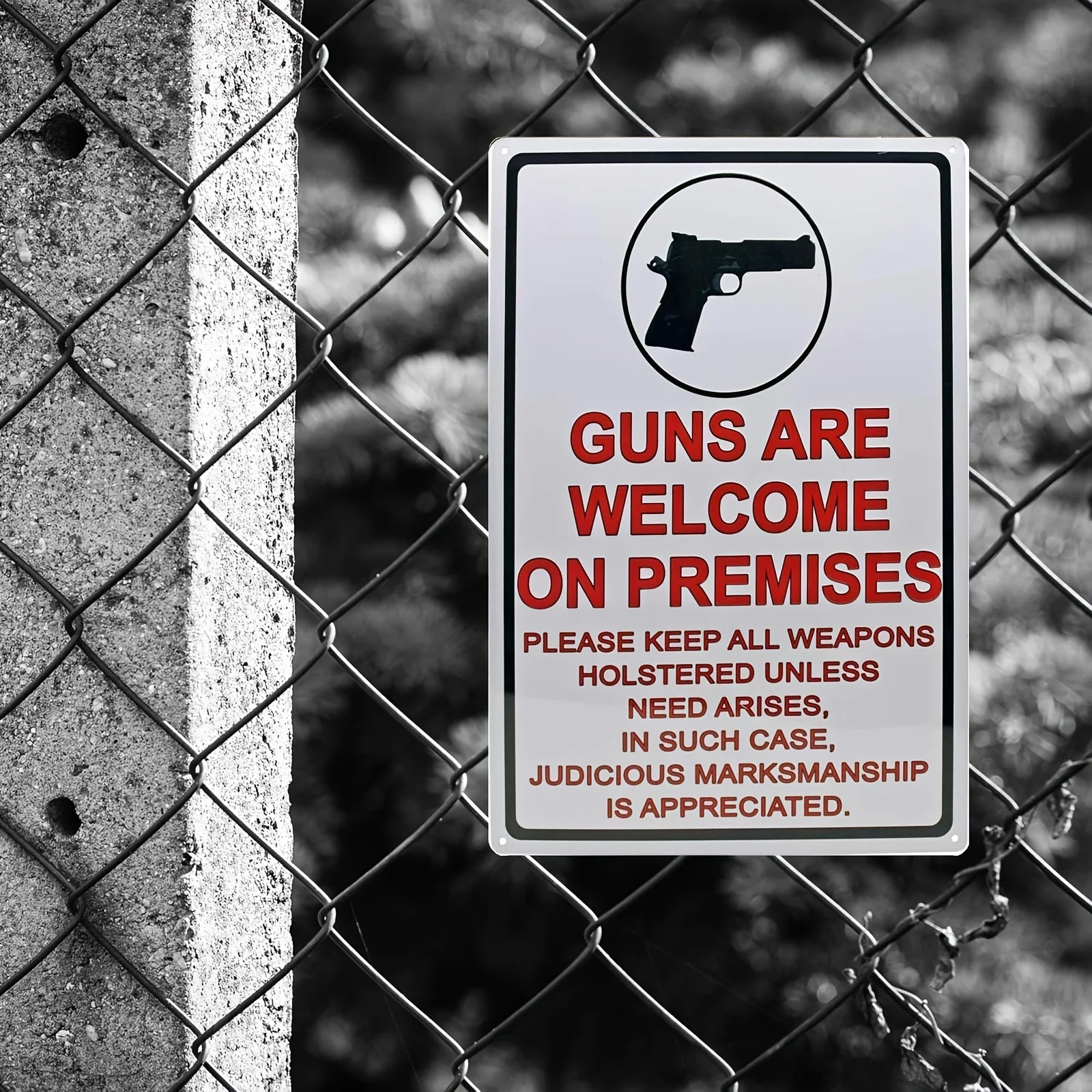 Vintage Retro Metal Tin Sign - 'Guns Are Welcome on Premises' with Judicious Marksmanship Reminder,  Wall Decor for Home, Garage