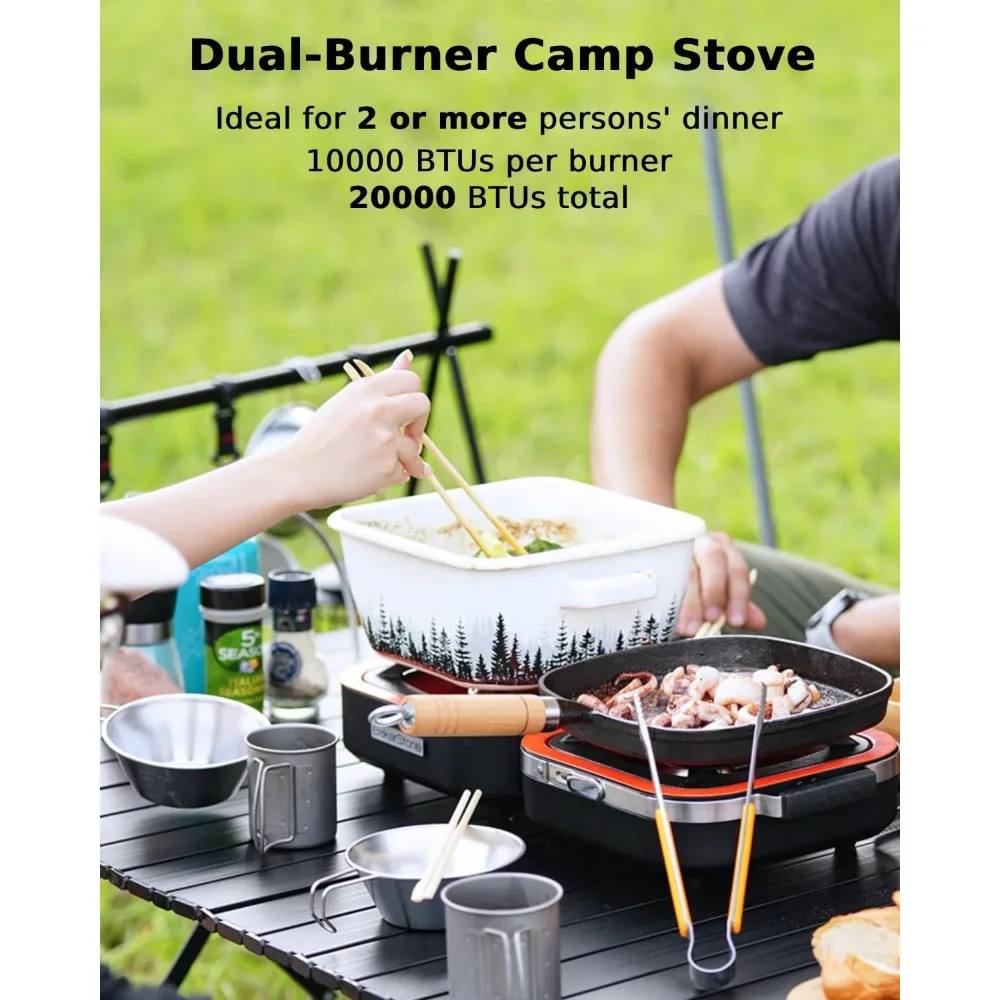 Propane Camping Stove 2 Adjustable Burners with 20,000 BTUs, Portable Folding Camp Stove Outdoor Gas Stove Cooker