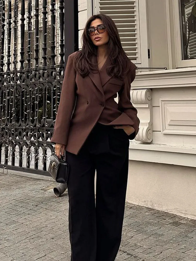 HH Women New Fashion Double Breasted Long Sleeve Hem Slit Blazer Female Simple Commuter Versatile Casual Waist Slim Jacket Mujer
