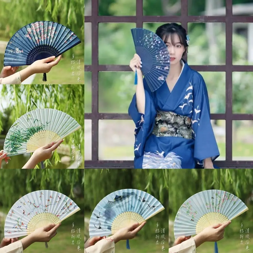 Bamboo Chinese Japanese Folding Fan Silk Vintage Style Folding Fan Tassel Elegent Female Fan Hand Fan Shank Classical Dance Fan